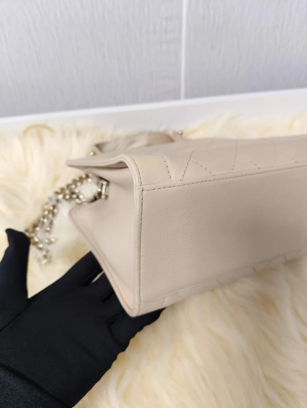 CHANEL Pink-Beige Quilted Leather Satchel with Chain Strap - Picture 7 of 13